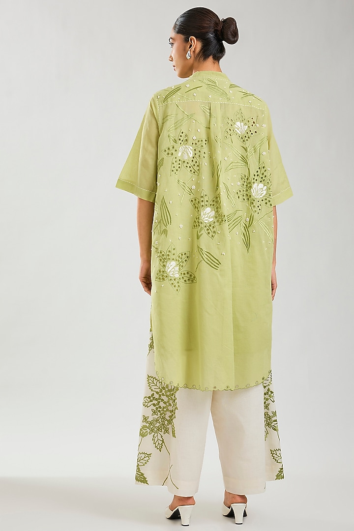 Ecru & Green Handloom Cotton Cutwork Tunic by Peachoo at Pernia's Pop Up Shop
