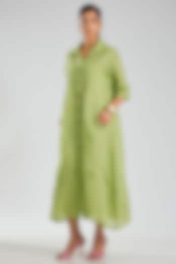 Grass Green & Indigo Handloom Cotton Kantha Embroidered Summer Dress by Peachoo at Pernia's Pop Up Shop