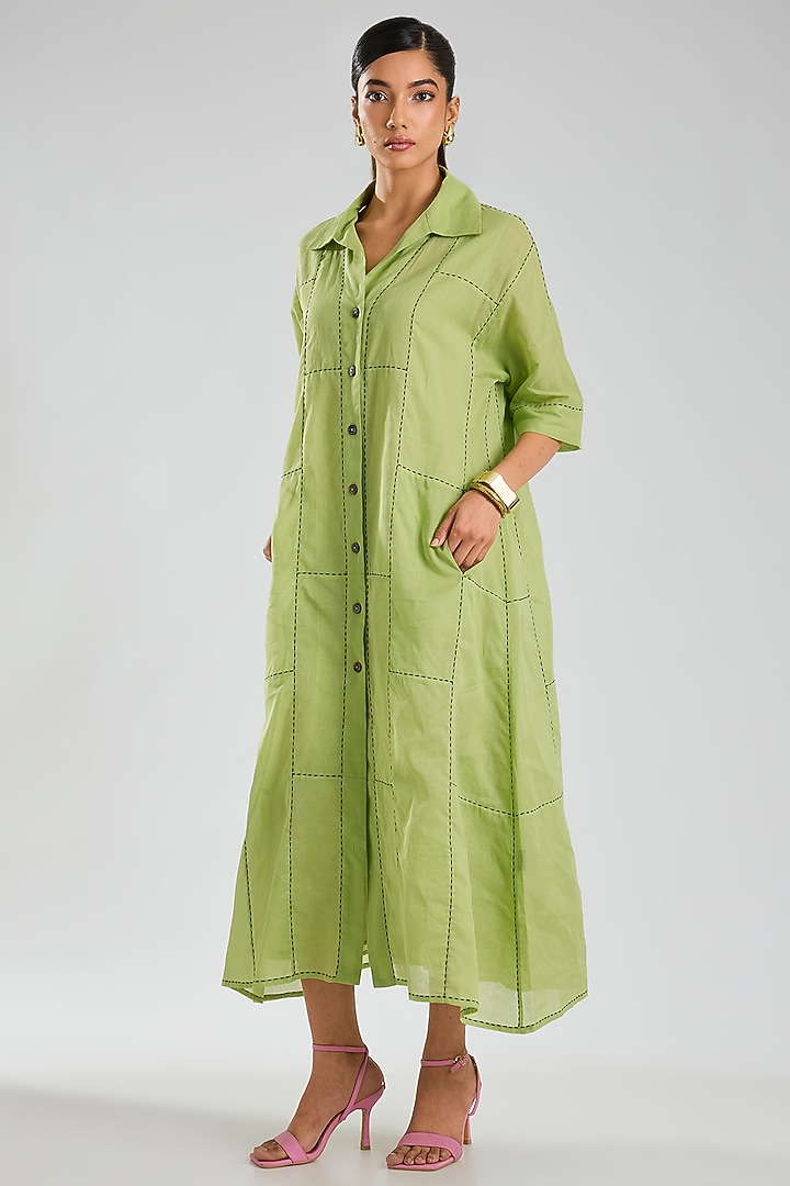 Grass Green & Indigo Handloom Cotton Kantha Embroidered Summer Dress by Peachoo at Pernia's Pop Up Shop