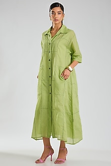 Grass Green & Indigo Handloom Cotton Kantha Embroidered Dress by Peachoo-POPULAR PRODUCTS AT STORE