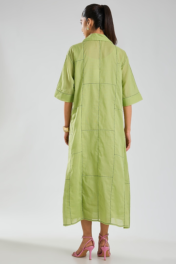 Grass Green & Indigo Handloom Cotton Kantha Embroidered Summer Dress by Peachoo at Pernia's Pop Up Shop