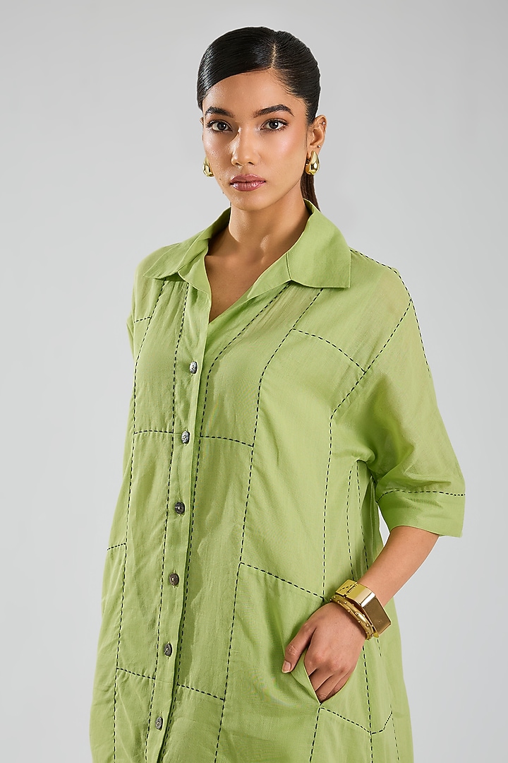 Grass Green & Indigo Handloom Cotton Kantha Embroidered Summer Dress by Peachoo at Pernia's Pop Up Shop