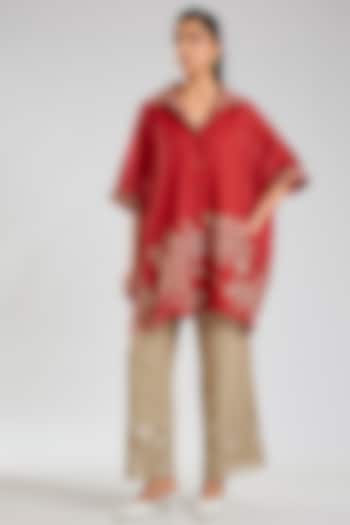 Crimson Red Handloom Cotton Thread Embroidered Tunic by Peachoo at Pernia's Pop Up Shop