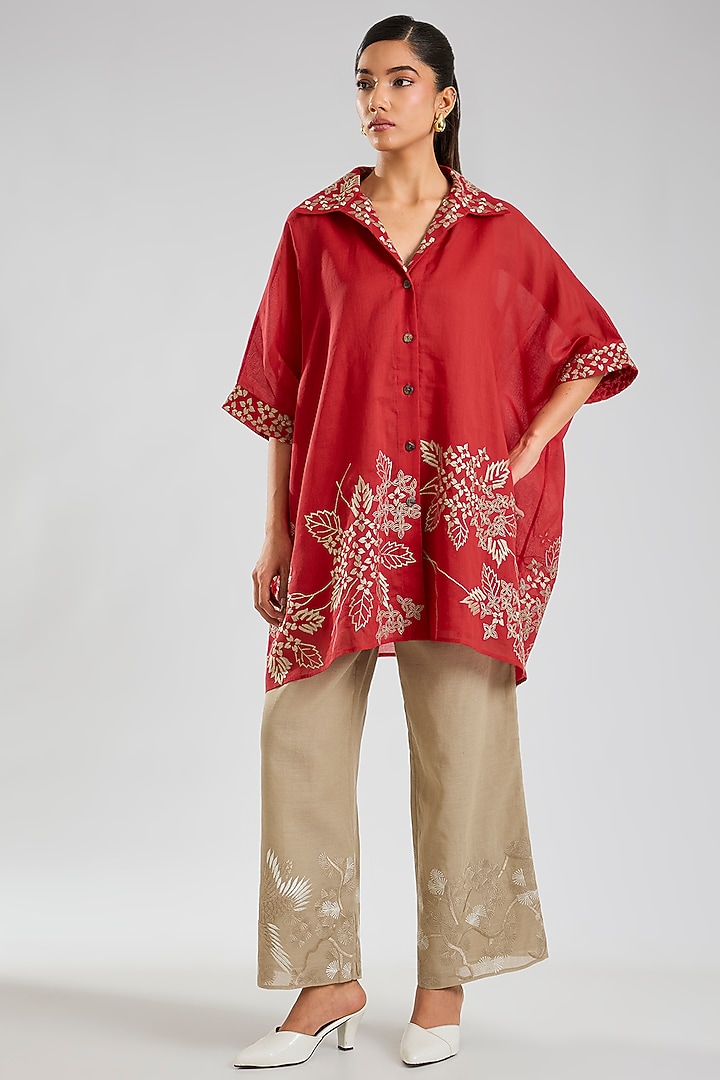 Crimson Red Handloom Cotton Thread Embroidered Tunic by Peachoo at Pernia's Pop Up Shop