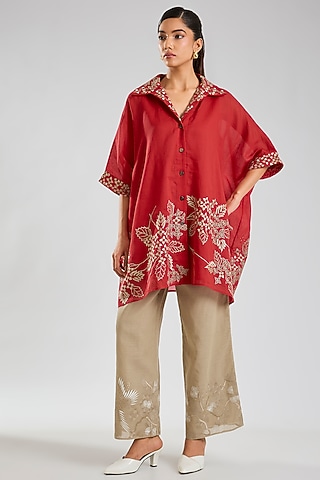 Crimson Red Handloom Cotton Thread Embroidered Tunic by Peachoo