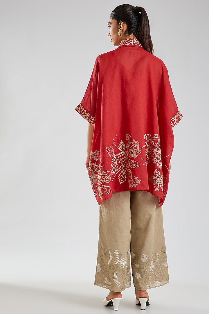 Crimson Red Handloom Cotton Thread Embroidered Tunic by Peachoo at Pernia's Pop Up Shop