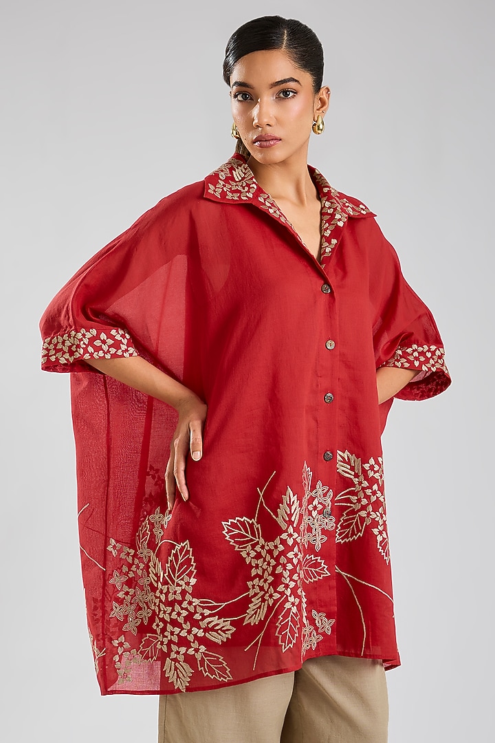 Crimson Red Handloom Cotton Thread Embroidered Tunic by Peachoo at Pernia's Pop Up Shop
