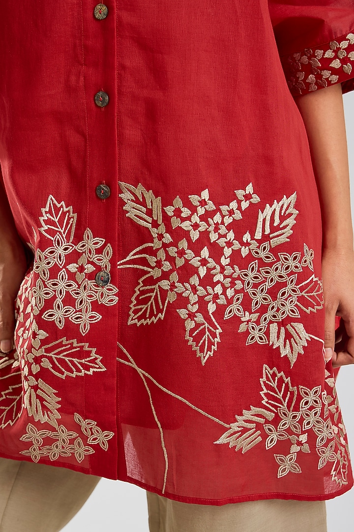 Crimson Red Handloom Cotton Thread Embroidered Tunic by Peachoo at Pernia's Pop Up Shop