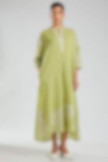 Grass Green & Indigo Handloom Cotton Thread Embroidered Vacation Dress by Peachoo at Pernia's Pop Up Shop