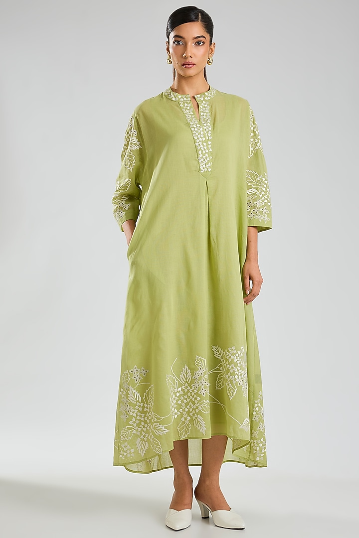Grass Green & Indigo Handloom Cotton Thread Embroidered Vacation Dress by Peachoo at Pernia's Pop Up Shop