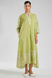 Grass Green & Indigo Handloom Cotton Thread Embroidered Dress by Peachoo-POPULAR PRODUCTS AT STORE
