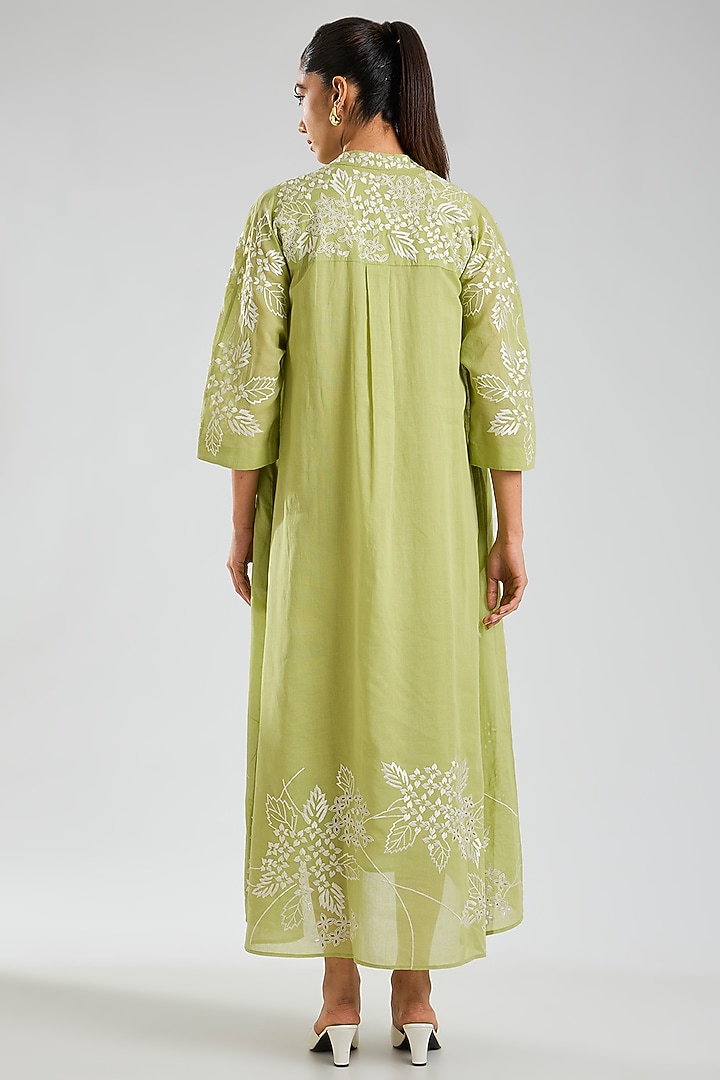 Grass Green & Indigo Handloom Cotton Thread Embroidered Vacation Dress by Peachoo at Pernia's Pop Up Shop