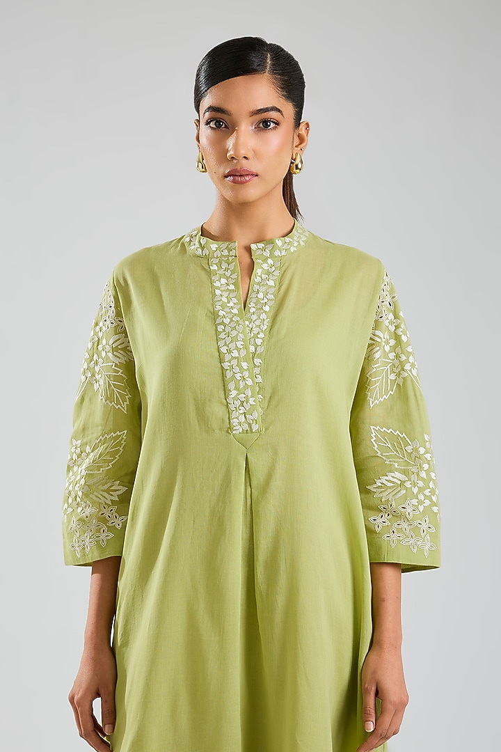 Grass Green & Indigo Handloom Cotton Thread Embroidered Vacation Dress by Peachoo at Pernia's Pop Up Shop