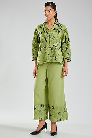 Grass Green Handloom Cotton Jacket by Peachoo