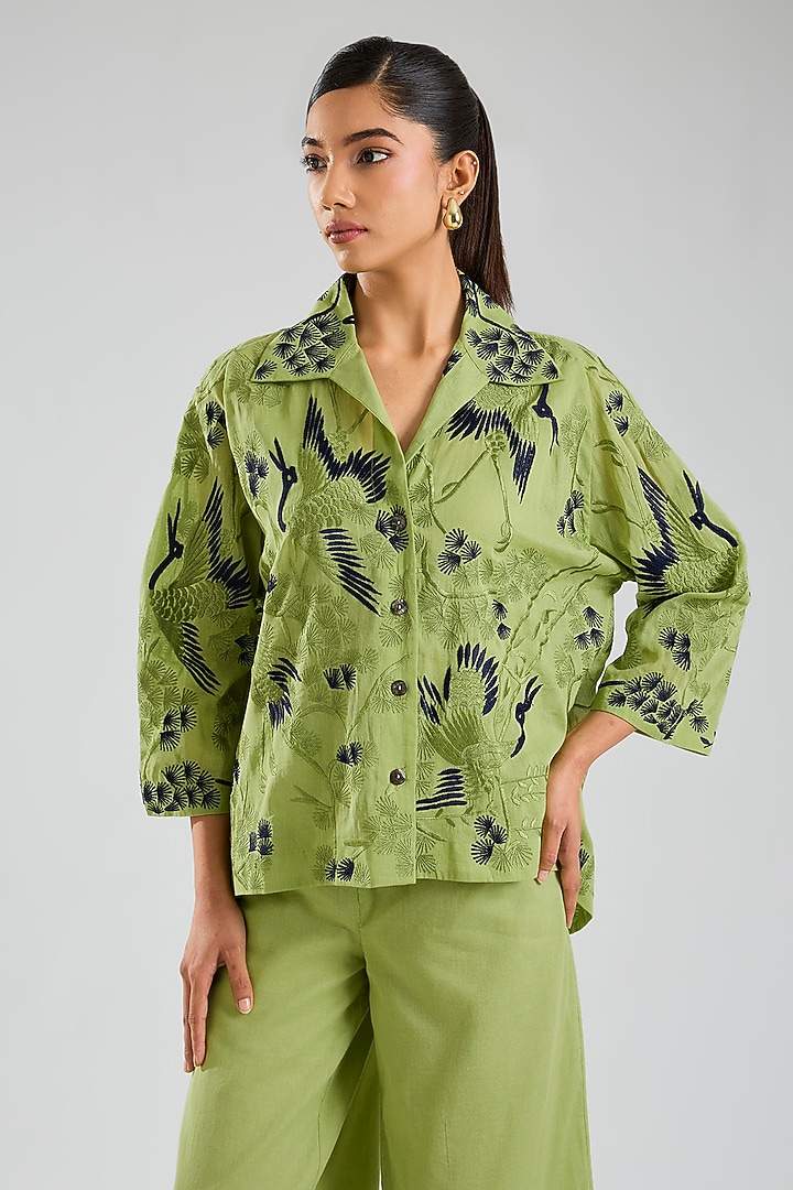 Grass Green Handloom Cotton Jacket by Peachoo at Pernia's Pop Up Shop