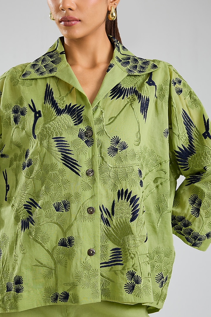 Grass Green Handloom Cotton Jacket by Peachoo at Pernia's Pop Up Shop