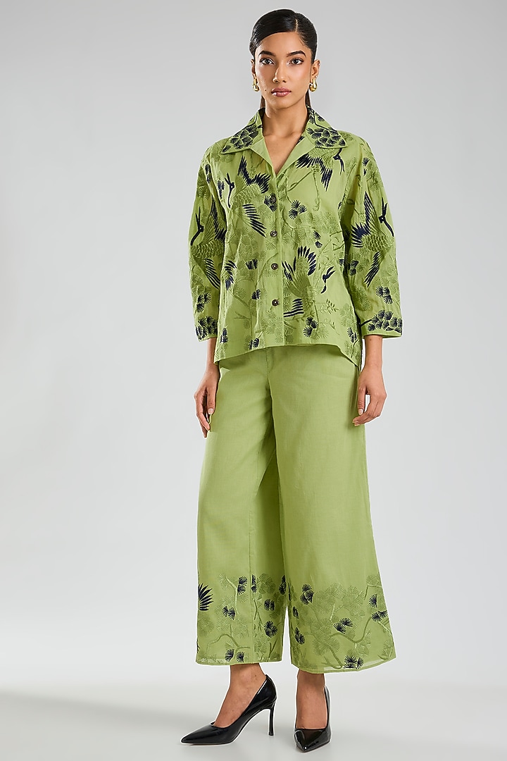 Grass Green Handloom Cotton Pants by Peachoo at Pernia's Pop Up Shop