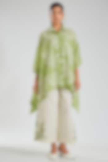 Grass Green Handloom Cotton Embroidered Cape by Peachoo at Pernia's Pop Up Shop