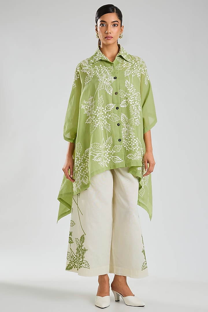 Grass Green Handloom Cotton Embroidered Cape by Peachoo at Pernia's Pop Up Shop