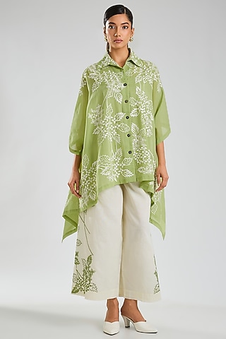 Grass Green Handloom Cotton Embroidered Cape by Peachoo