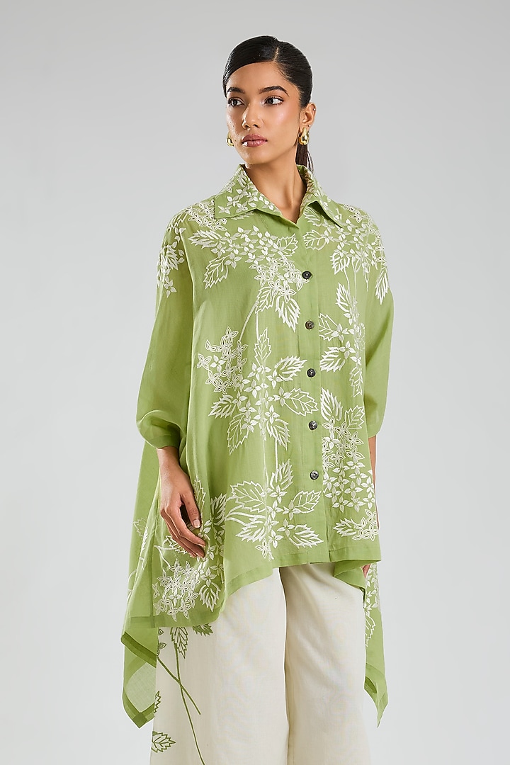 Grass Green Handloom Cotton Embroidered Cape by Peachoo at Pernia's Pop Up Shop