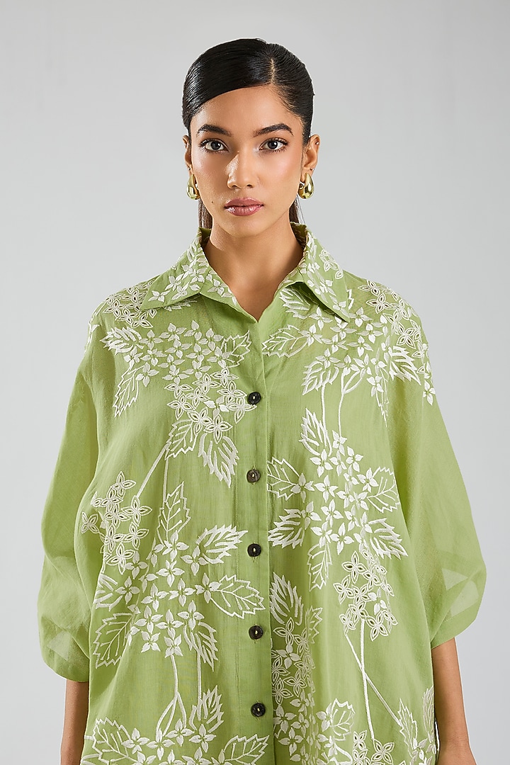 Grass Green Handloom Cotton Embroidered Cape by Peachoo at Pernia's Pop Up Shop