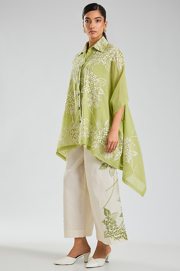 Ecru & Grass Green Handloom Cotton Pants by Peachoo at Pernia's Pop Up Shop