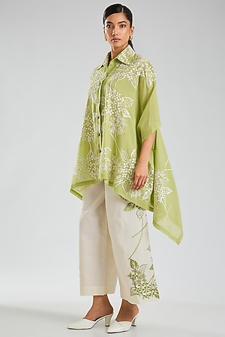 Ecru & Grass Green Handloom Cotton Pants by Peachoo