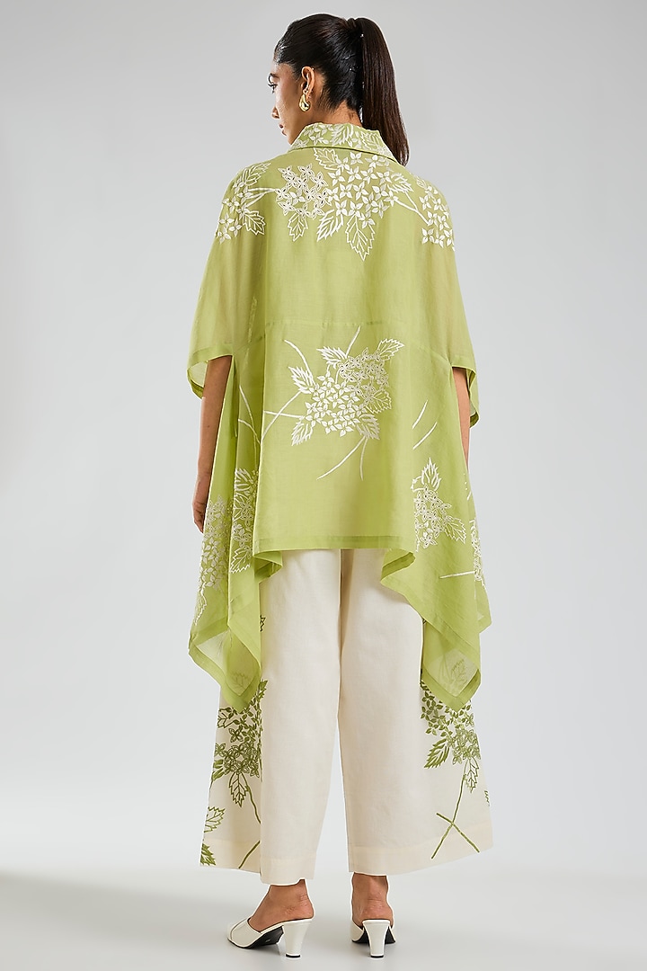 Ecru & Grass Green Handloom Cotton Pants by Peachoo at Pernia's Pop Up Shop