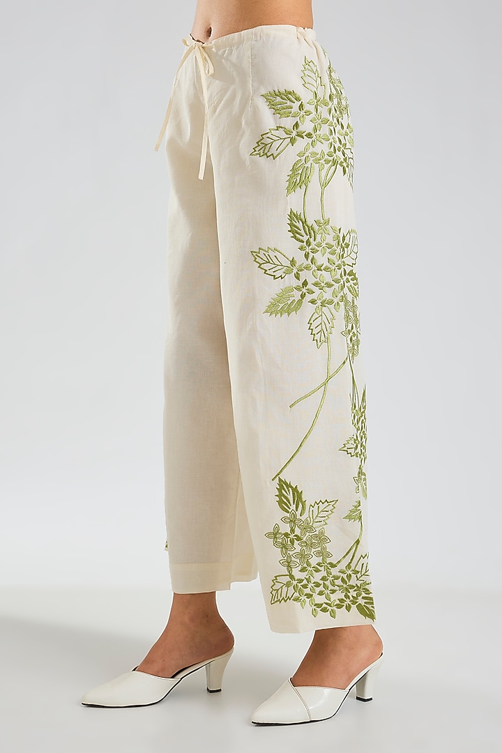 Ecru & Grass Green Handloom Cotton Pants by Peachoo at Pernia's Pop Up Shop