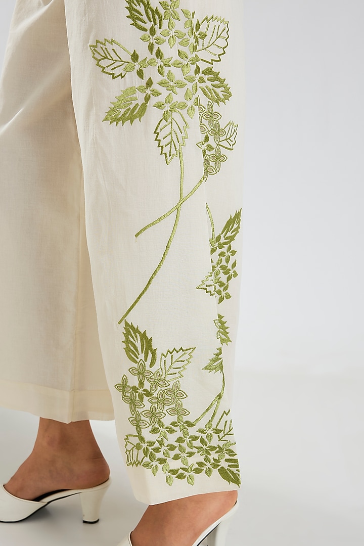 Ecru & Grass Green Handloom Cotton Pants by Peachoo at Pernia's Pop Up Shop
