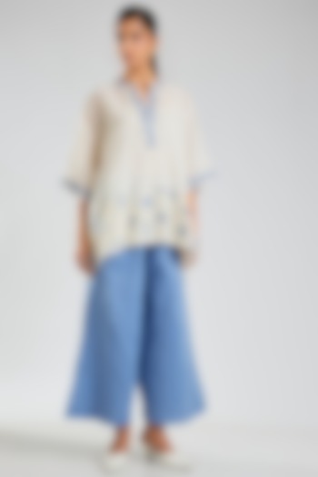 Ecru Handloom Cotton Embroidered Top by Peachoo at Pernia's Pop Up Shop