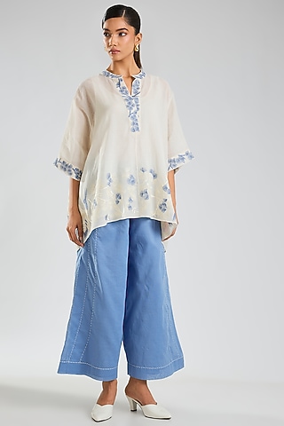 Ecru Handloom Cotton Embroidered Top by Peachoo