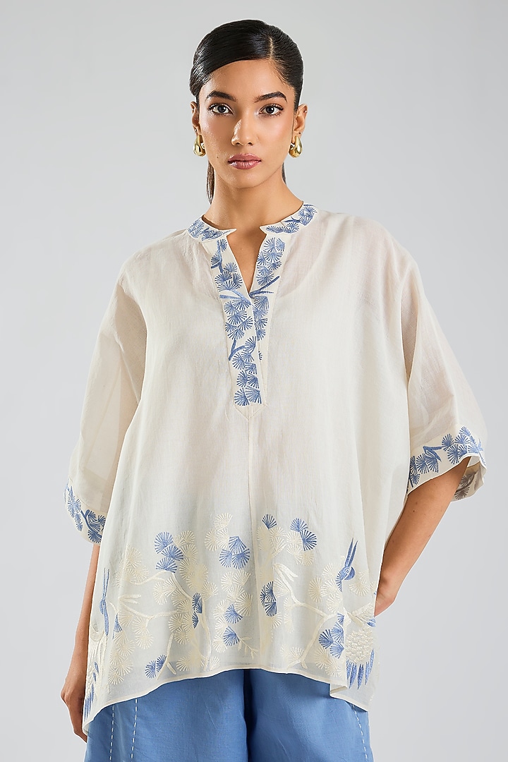 Ecru Handloom Cotton Embroidered Top by Peachoo at Pernia's Pop Up Shop