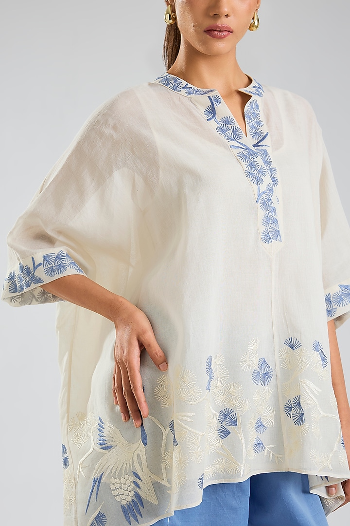 Ecru Handloom Cotton Embroidered Top by Peachoo at Pernia's Pop Up Shop