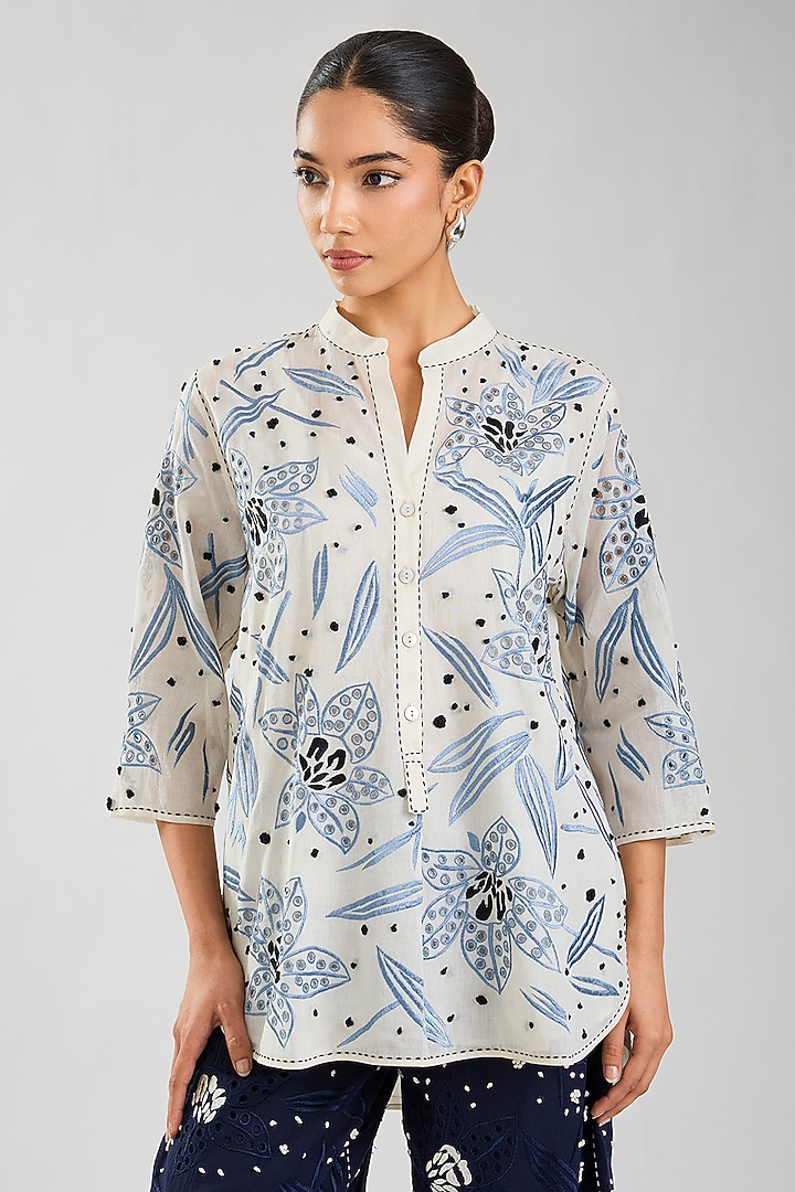 Ecru Handloom Cotton Cutwork Top by Peachoo at Pernia's Pop Up Shop