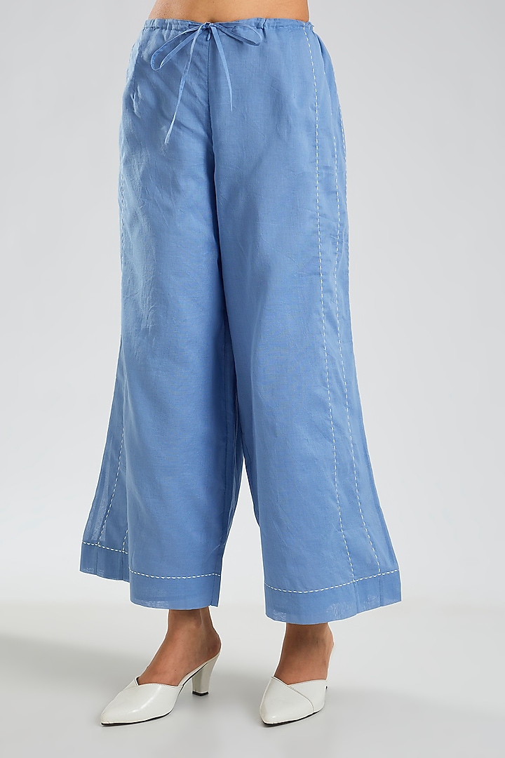 Steel Blue Handloom Cotton Pants by Peachoo at Pernia's Pop Up Shop