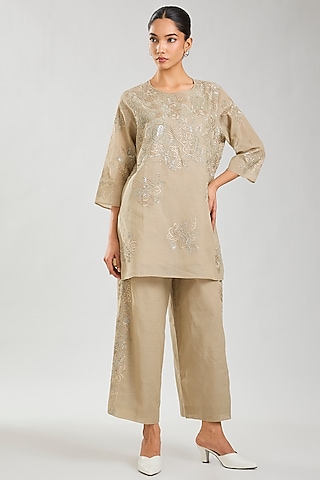 Natural Handloom Cotton Thread Embroidered Top by Peachoo