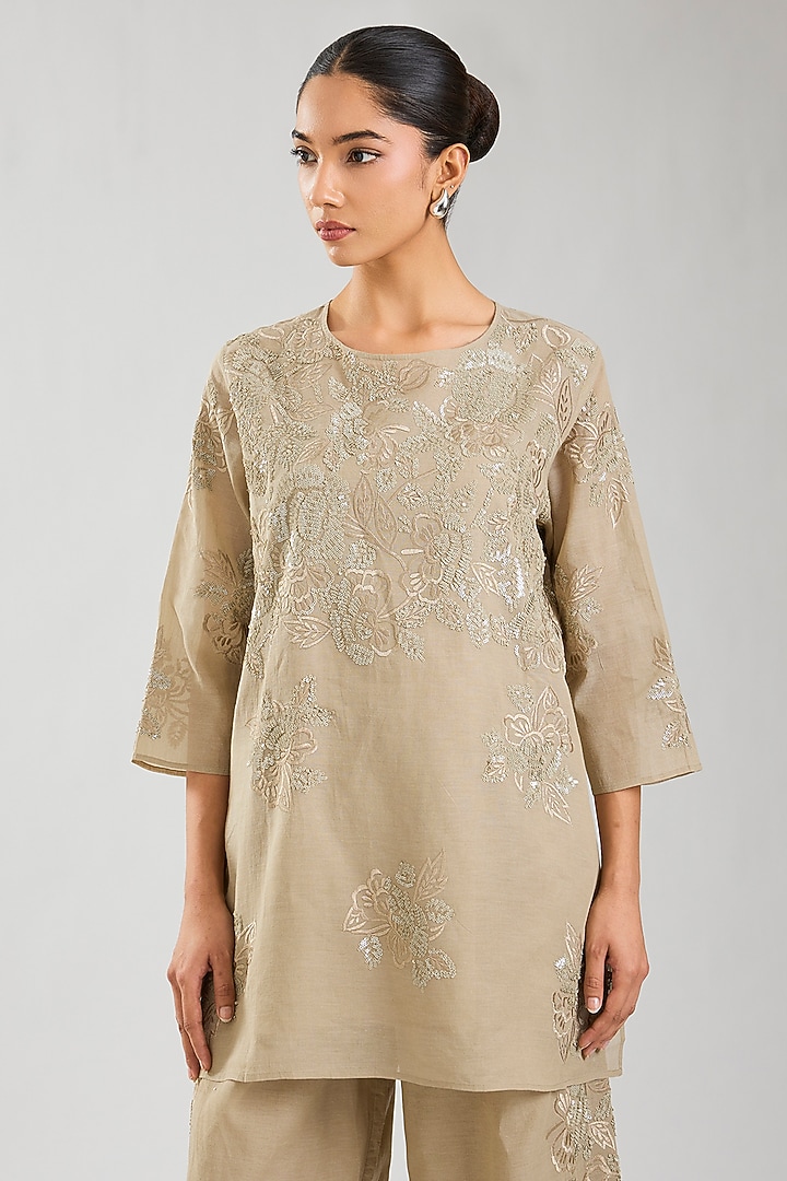 Natural Handloom Cotton Thread Embroidered Top by Peachoo at Pernia's Pop Up Shop