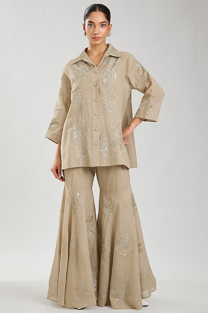 Natural Handloom Cotton Thread & Sequins Embroidered Sharara by Peachoo at Pernia's Pop Up Shop