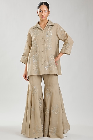 Natural Handloom Cotton Thread & Sequins Embroidered Sharara by Peachoo