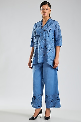 Steel Indigo Blue Handloom Cotton Embroidered Top by Peachoo