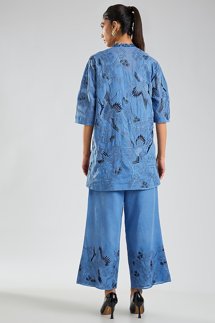 Steel Indigo Blue Handloom Cotton Embroidered Top by Peachoo at Pernia's Pop Up Shop
