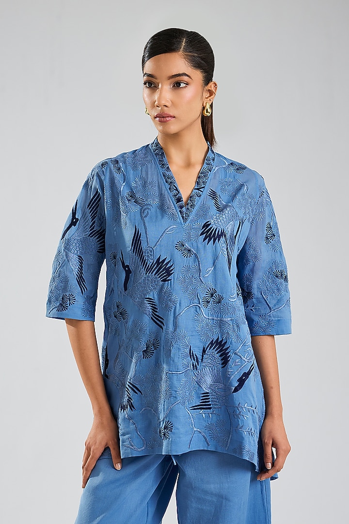 Steel Indigo Blue Handloom Cotton Embroidered Top by Peachoo at Pernia's Pop Up Shop