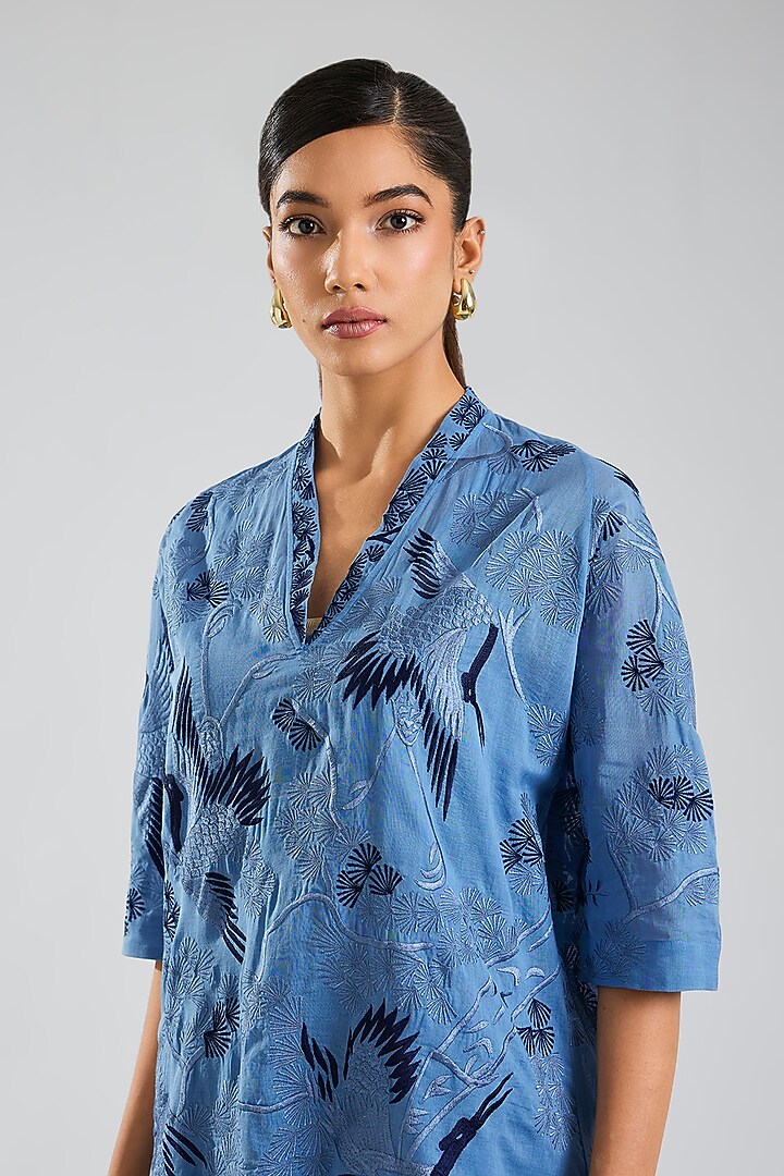 Steel Indigo Blue Handloom Cotton Embroidered Top by Peachoo at Pernia's Pop Up Shop