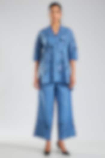 Steel Indigo Blue Handloom Cotton Embroidered Pants by Peachoo at Pernia's Pop Up Shop