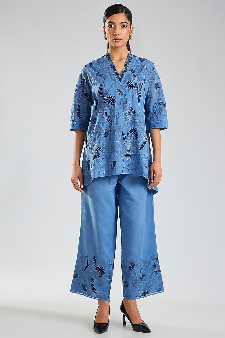 Steel Indigo Blue Handloom Cotton Embroidered Pants by Peachoo at Pernia's Pop Up Shop