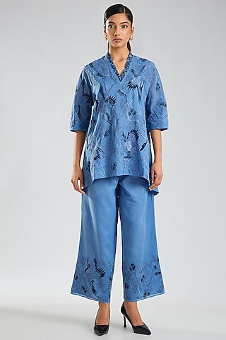 Steel Indigo Blue Handloom Cotton Embroidered Pants by Peachoo