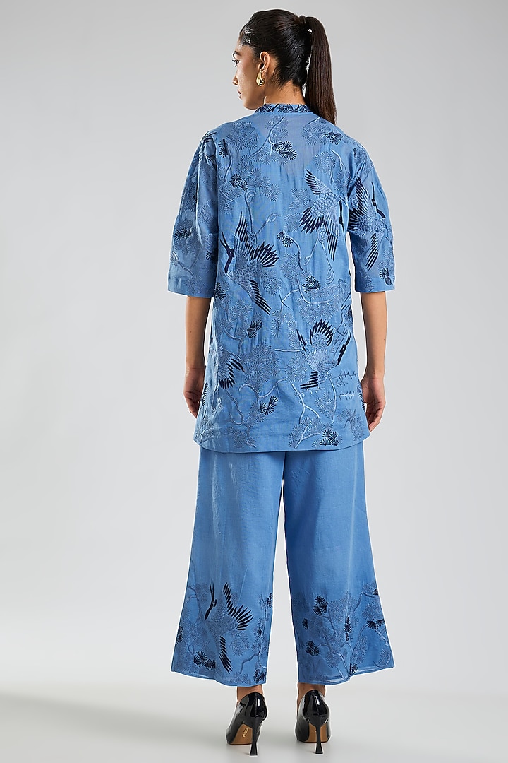 Steel Indigo Blue Handloom Cotton Embroidered Pants by Peachoo at Pernia's Pop Up Shop