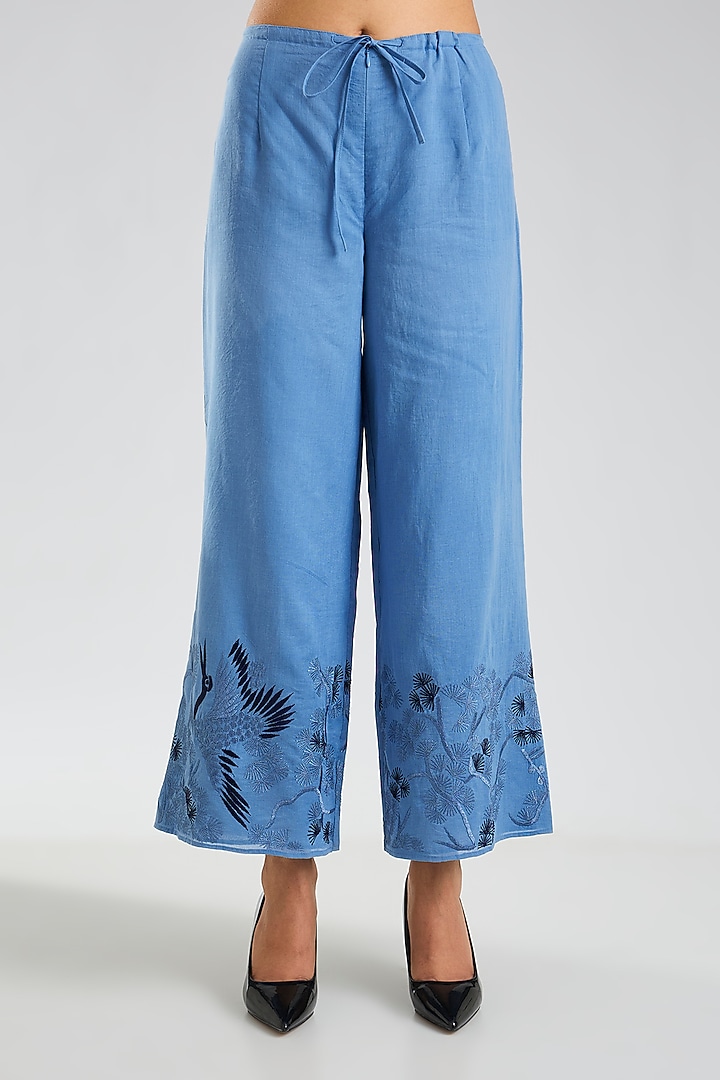 Steel Indigo Blue Handloom Cotton Embroidered Pants by Peachoo at Pernia's Pop Up Shop